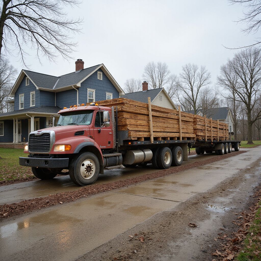 Red semi-truck carrying stacked lumber on a trailer on a muddy road in front of blue house.