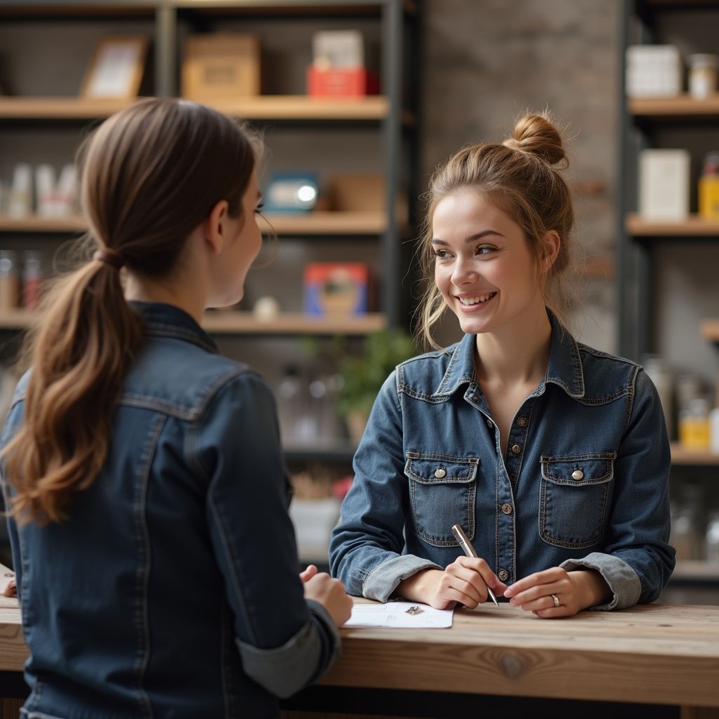 Two women smiling, talking across a wooden counter. One with a pen, notebook. Store shelves in the background.