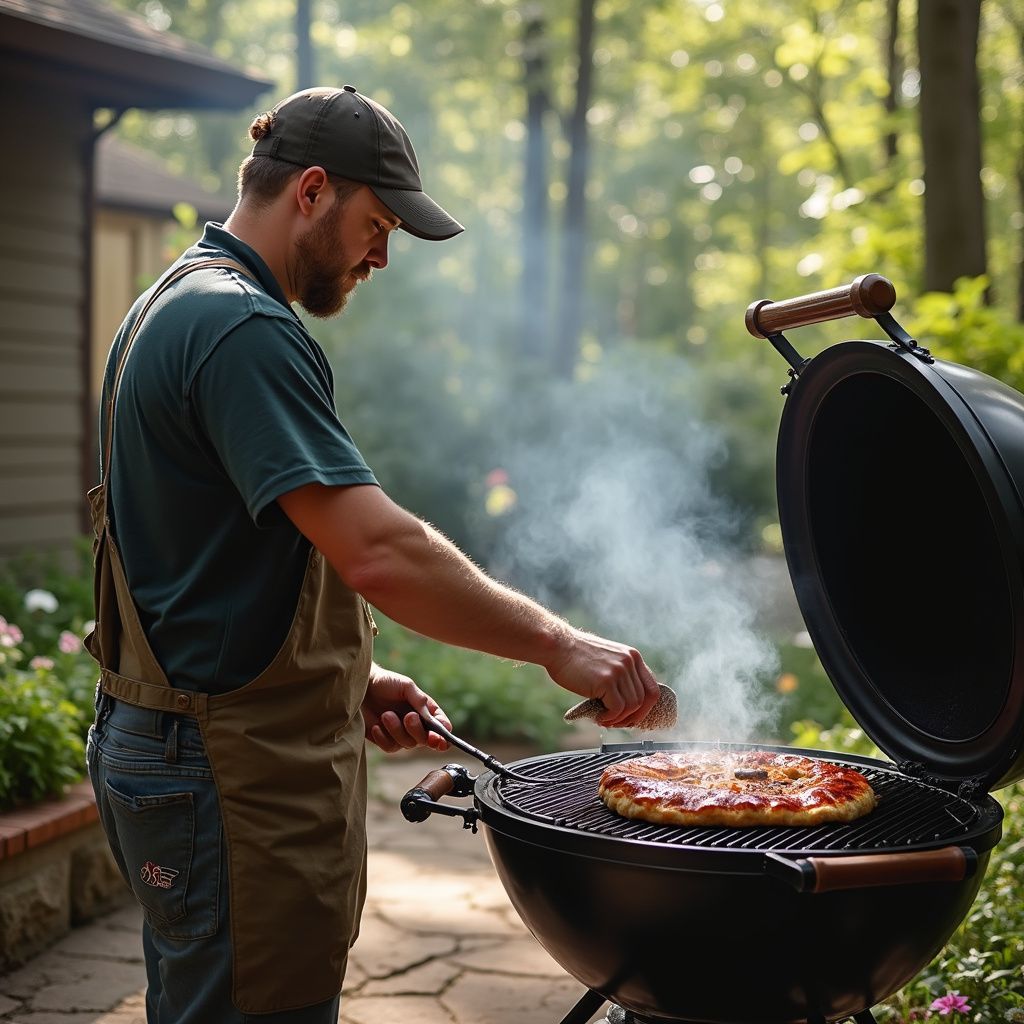 Man grilling pizza outdoors in front of a house, with greenery in the background.