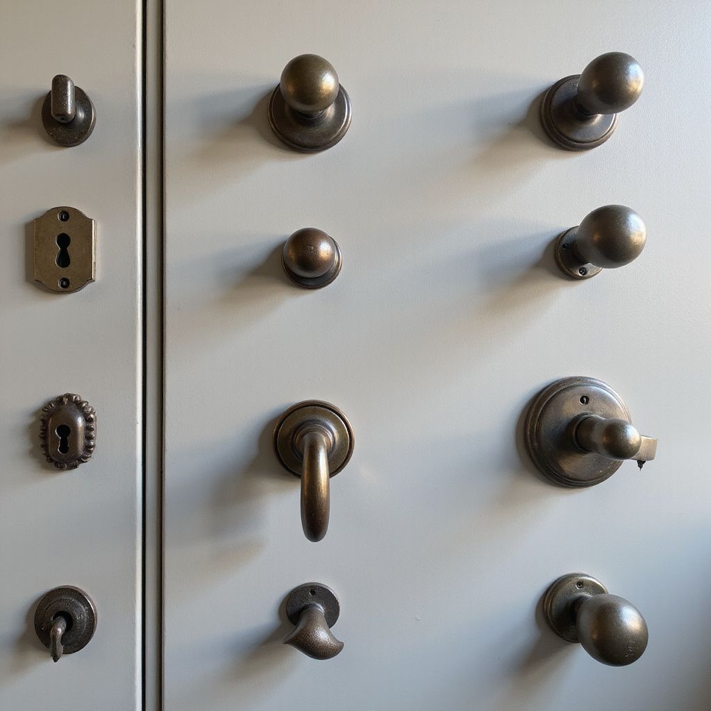 Various antique brass doorknobs and keyhole covers displayed on a gray surface.
