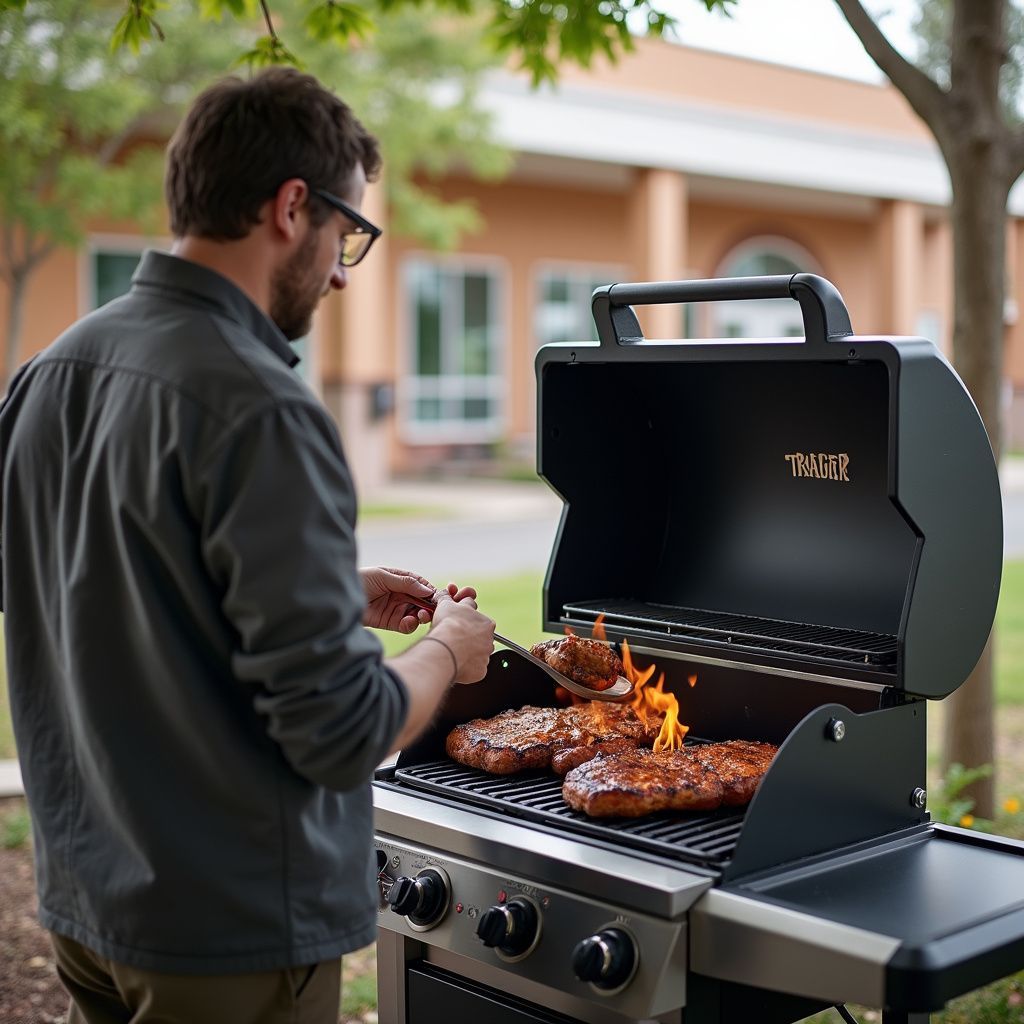 Man grilling steaks outdoors, flames visible, using tongs, next to a building.