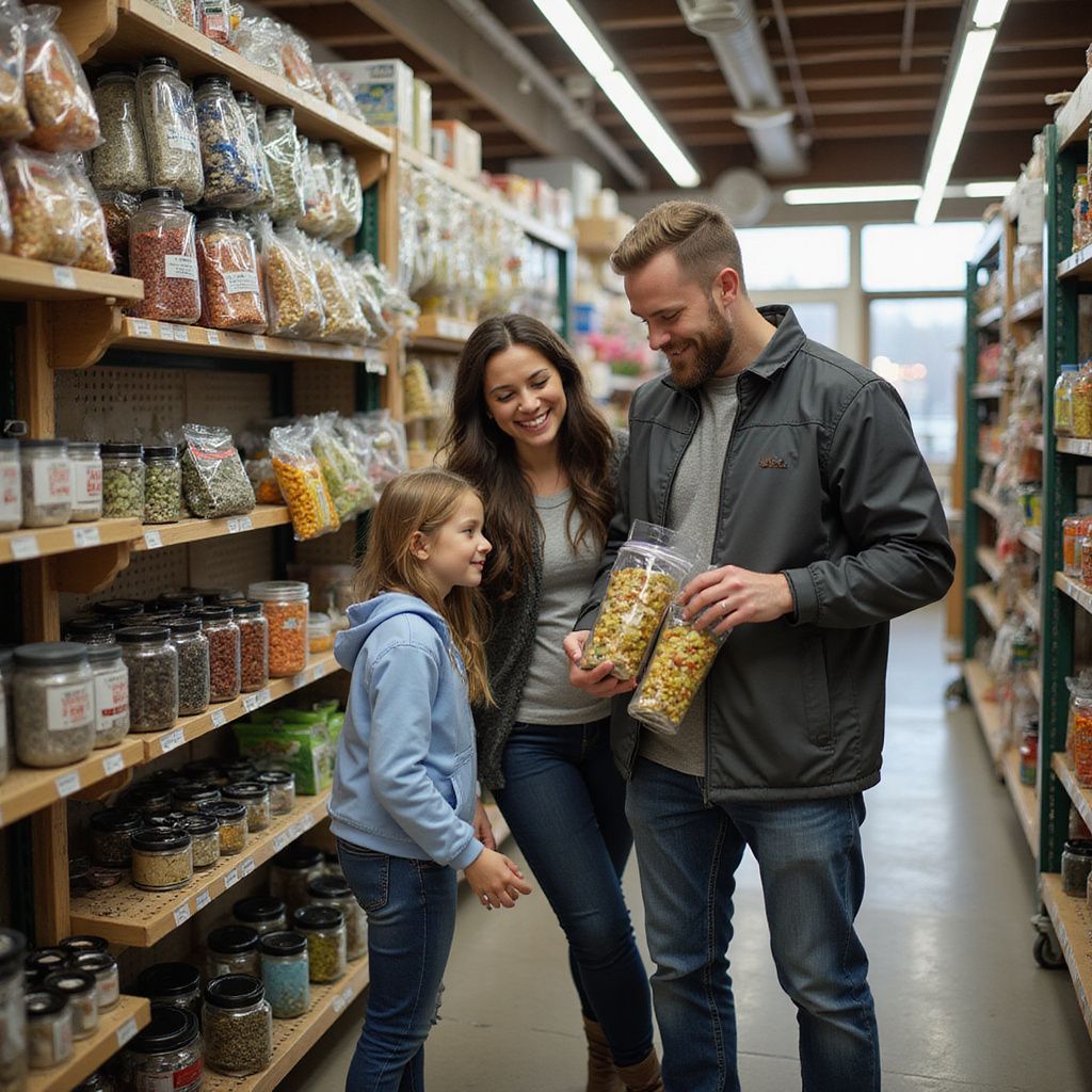 Family shopping in a grocery store aisle; smiling. Father holds pasta, mother and daughter look on. Wooden shelves with products.