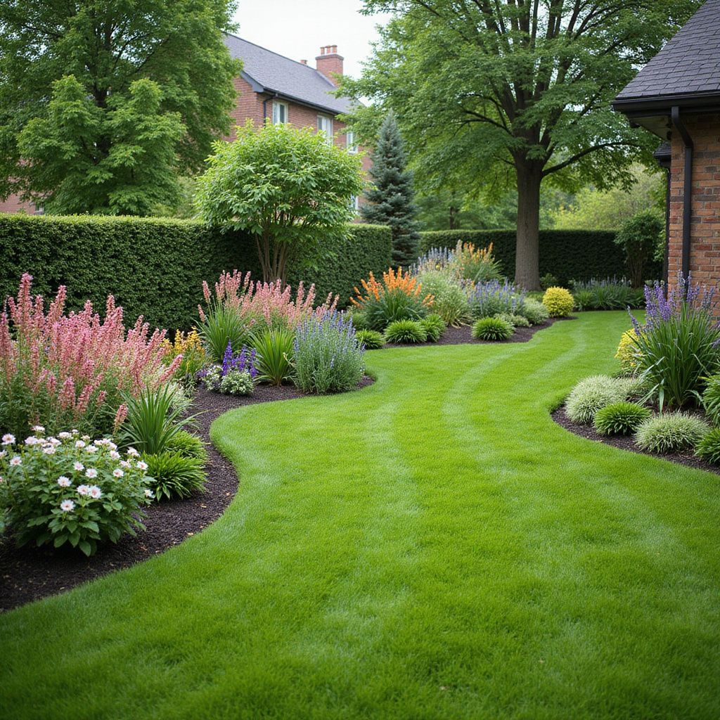 Well-manicured garden with a curving green lawn and colorful flower beds.