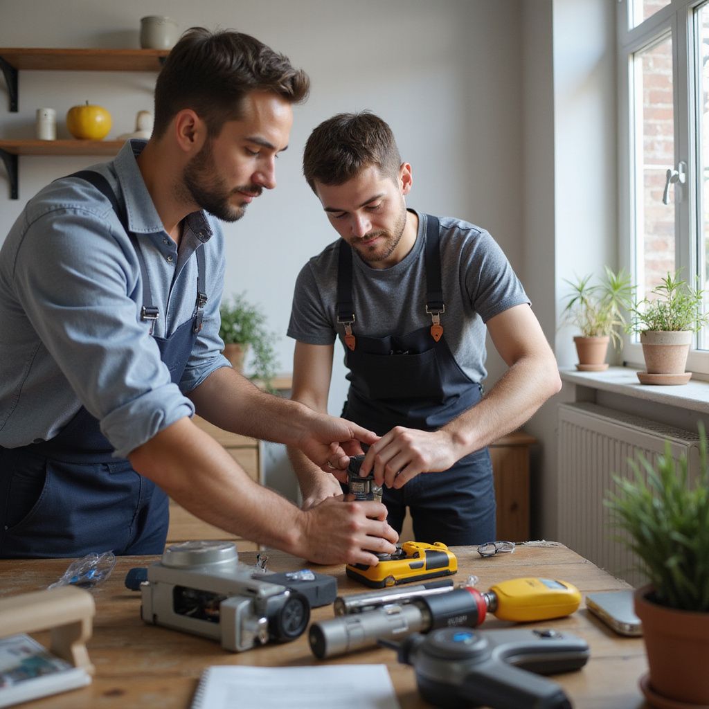 Two people working on tools at a wooden table in a well-lit room.