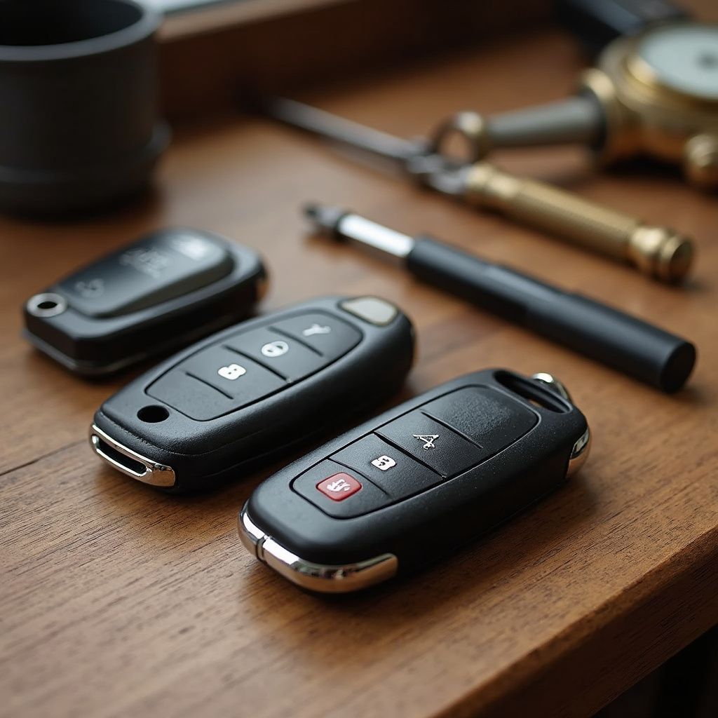 Three car key fobs and other items on a wooden surface, including a pen and watch.