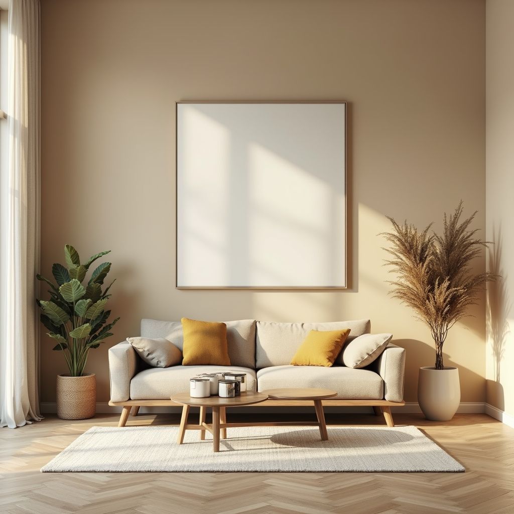 Beige living room with a couch, framed art, plants, and coffee table.