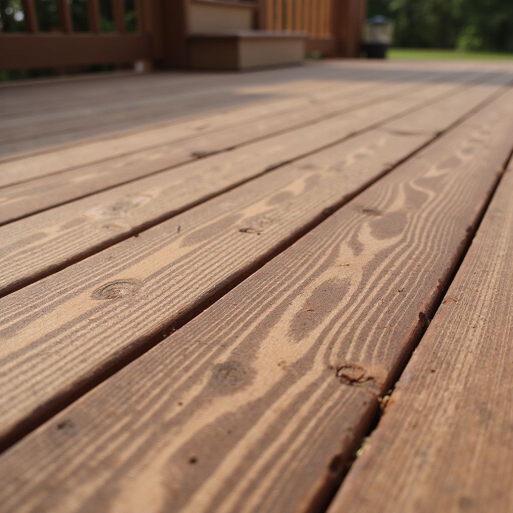 Close-up of weathered wooden deck boards, warm brown tones, outdoors.
