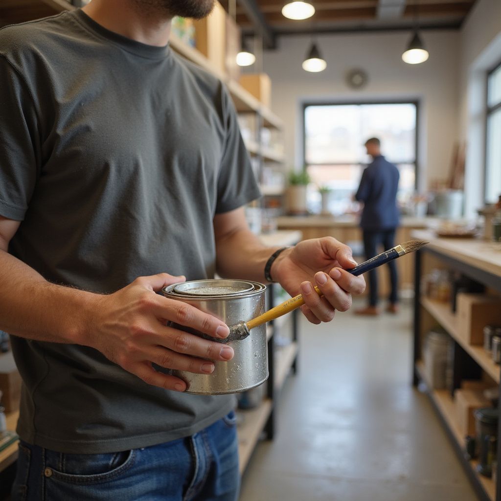 Man holding a paint can and brush, standing in a workshop, another person in the background.