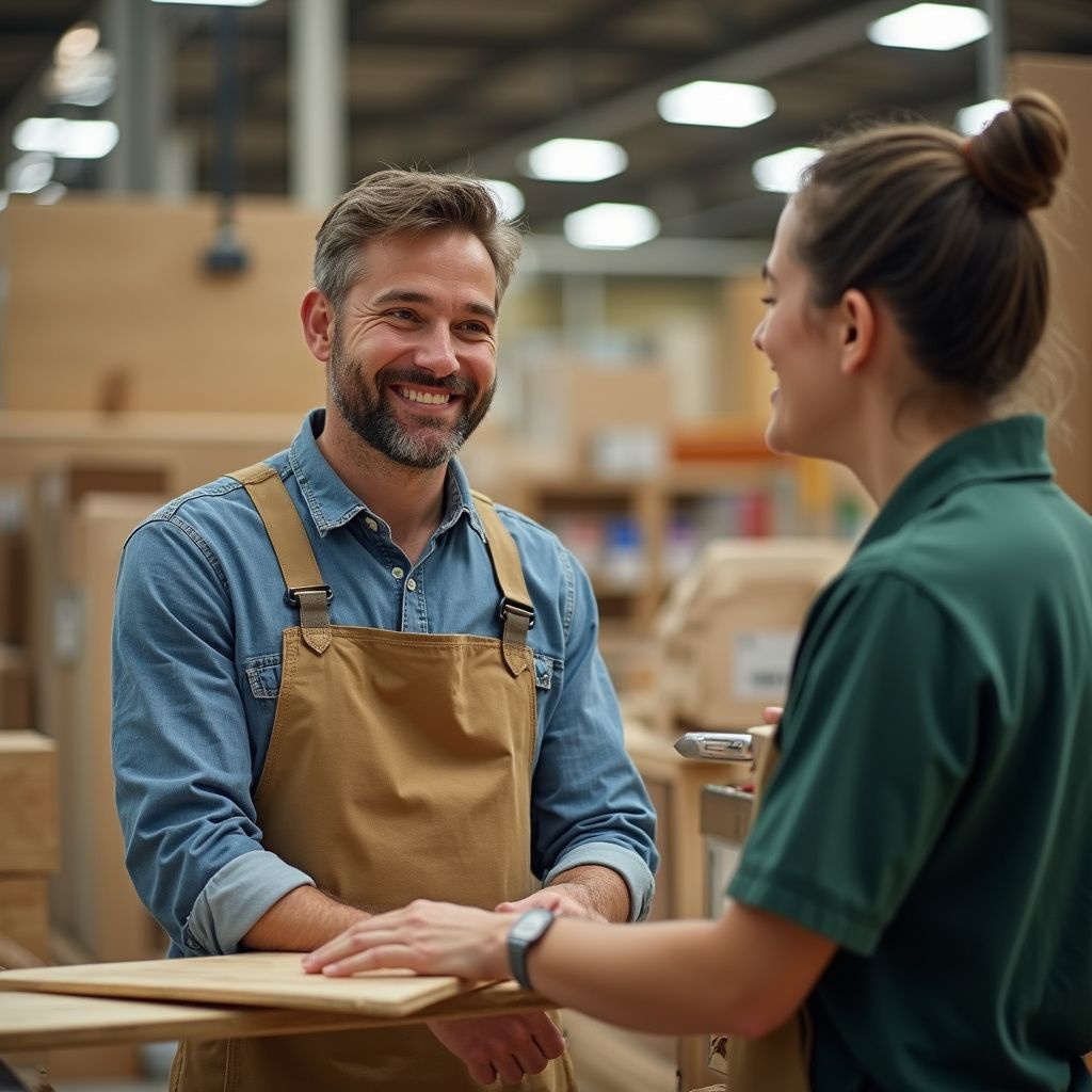 Man in apron smiles, talking to a woman in a workshop. Holding wood.