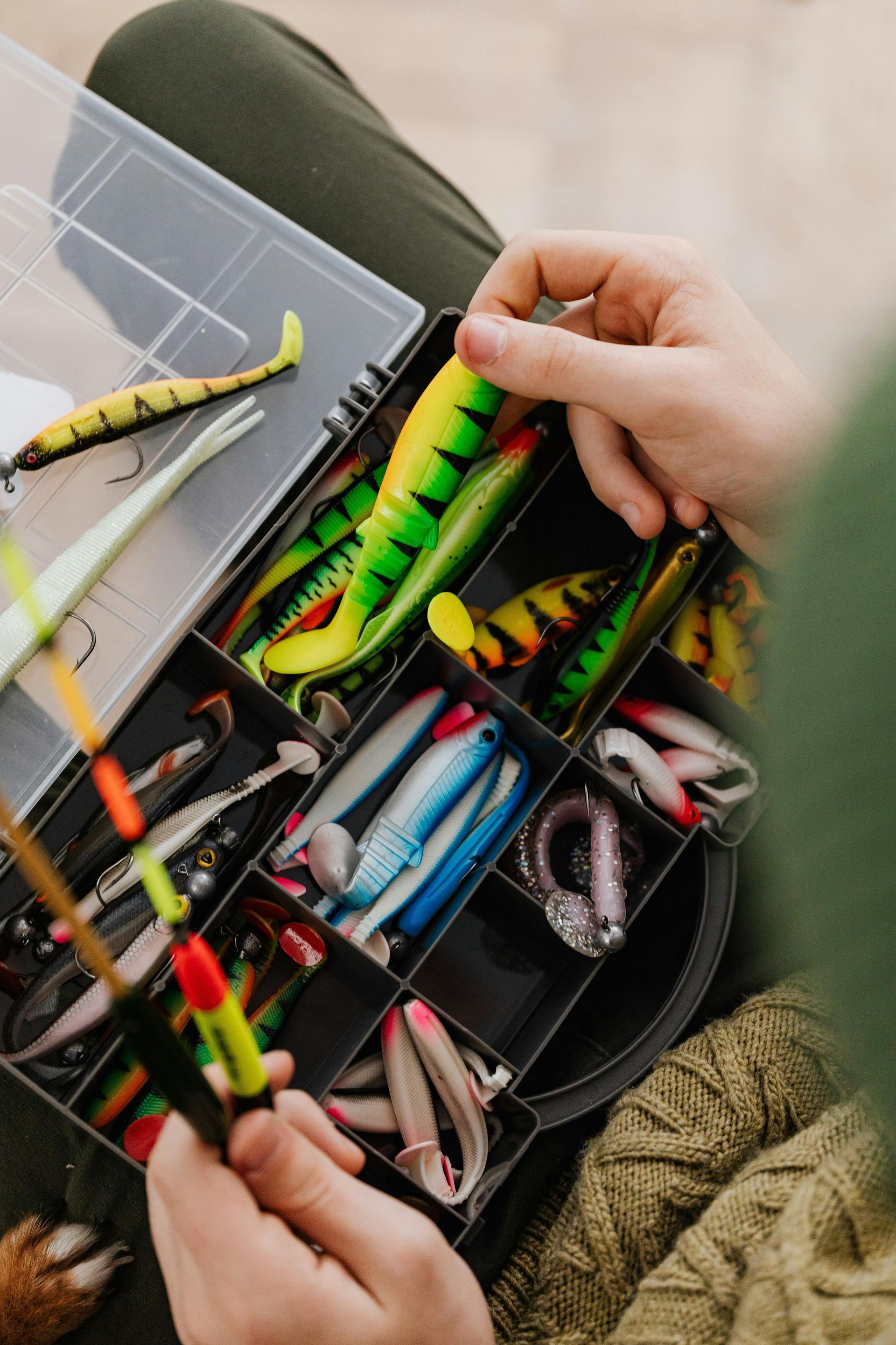 Person holding a fishing tackle box with various colorful lures.