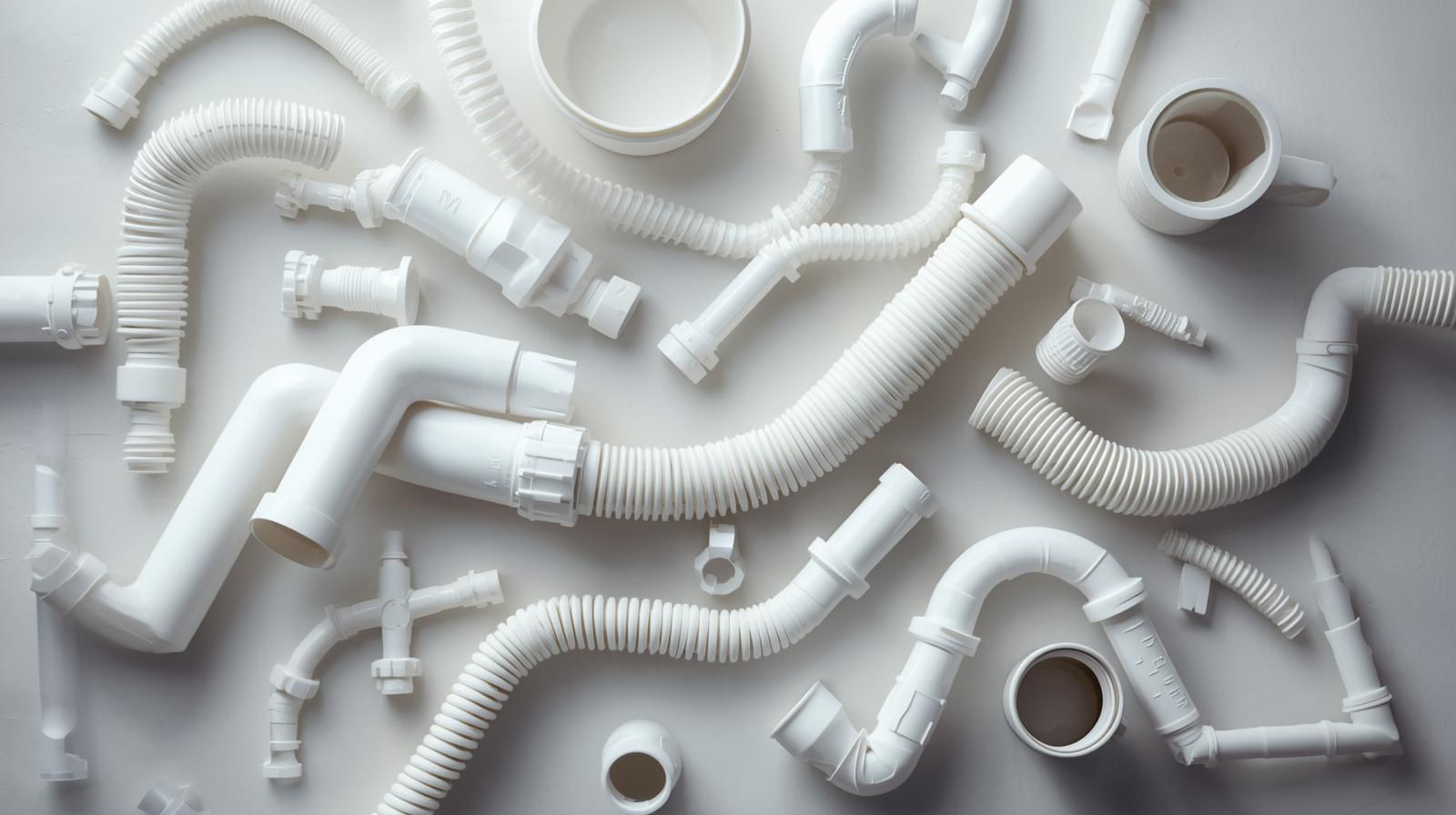 White plumbing pipes and fittings arranged on a light surface.
