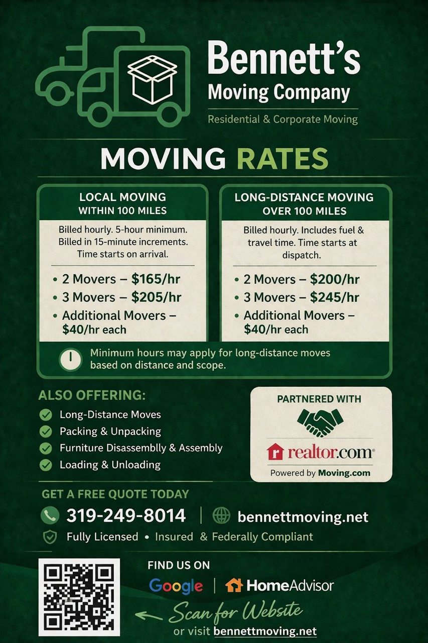 Flyer for Bennett's Moving Company, detailing local and long-distance moving rates, services, and contact information.