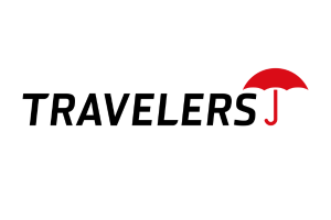 Travelers j logo with a red umbrella in the middle