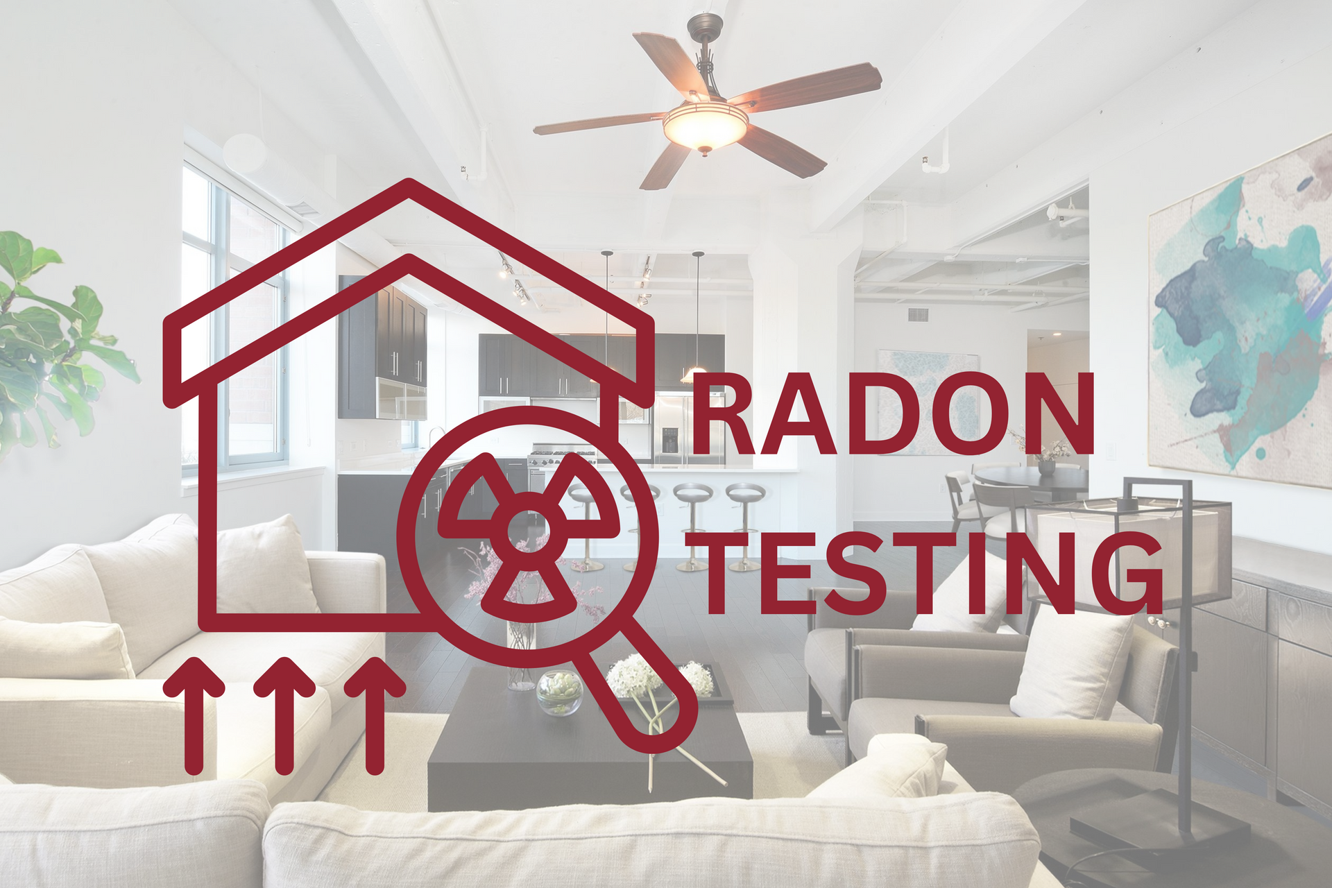 A living room with a ceiling fan and a logo for radon testing.