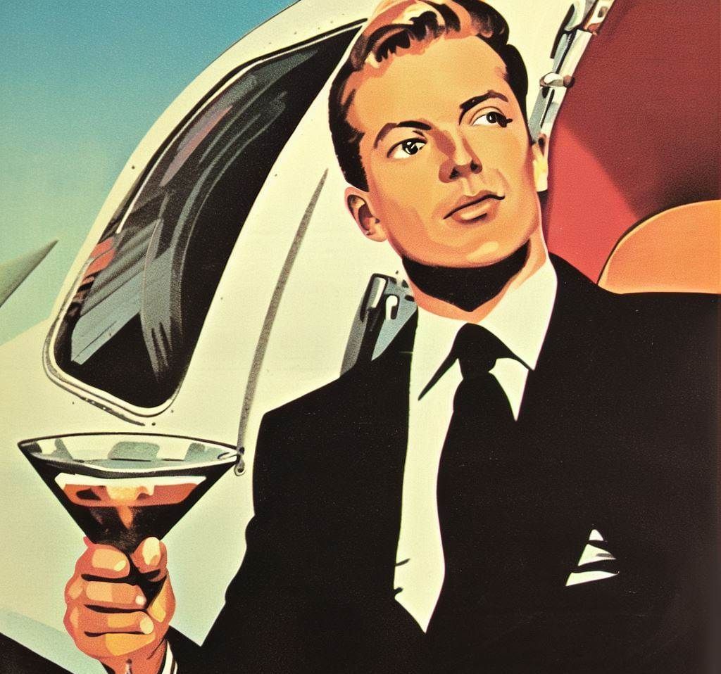 Man holding martini in private jet