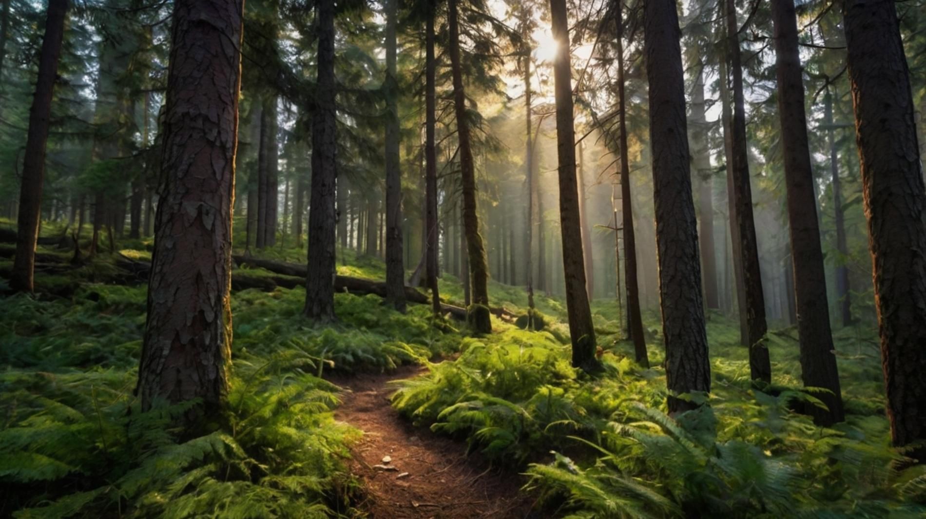 A sunlit dirt path winds through a lush, green forest filled with tall pine trees and vibrant ferns.