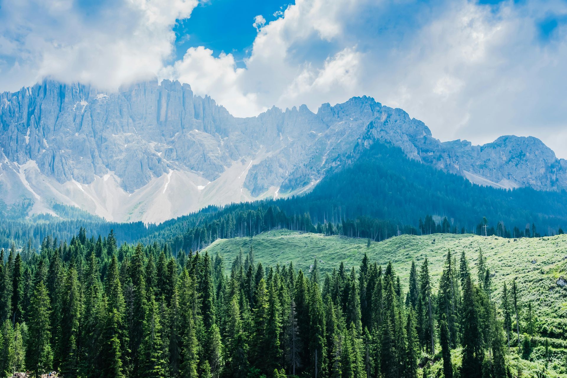 Jagged, snow-dusted mountain peaks rise above a dense, dark green evergreen forest under a cloudy blue sky.