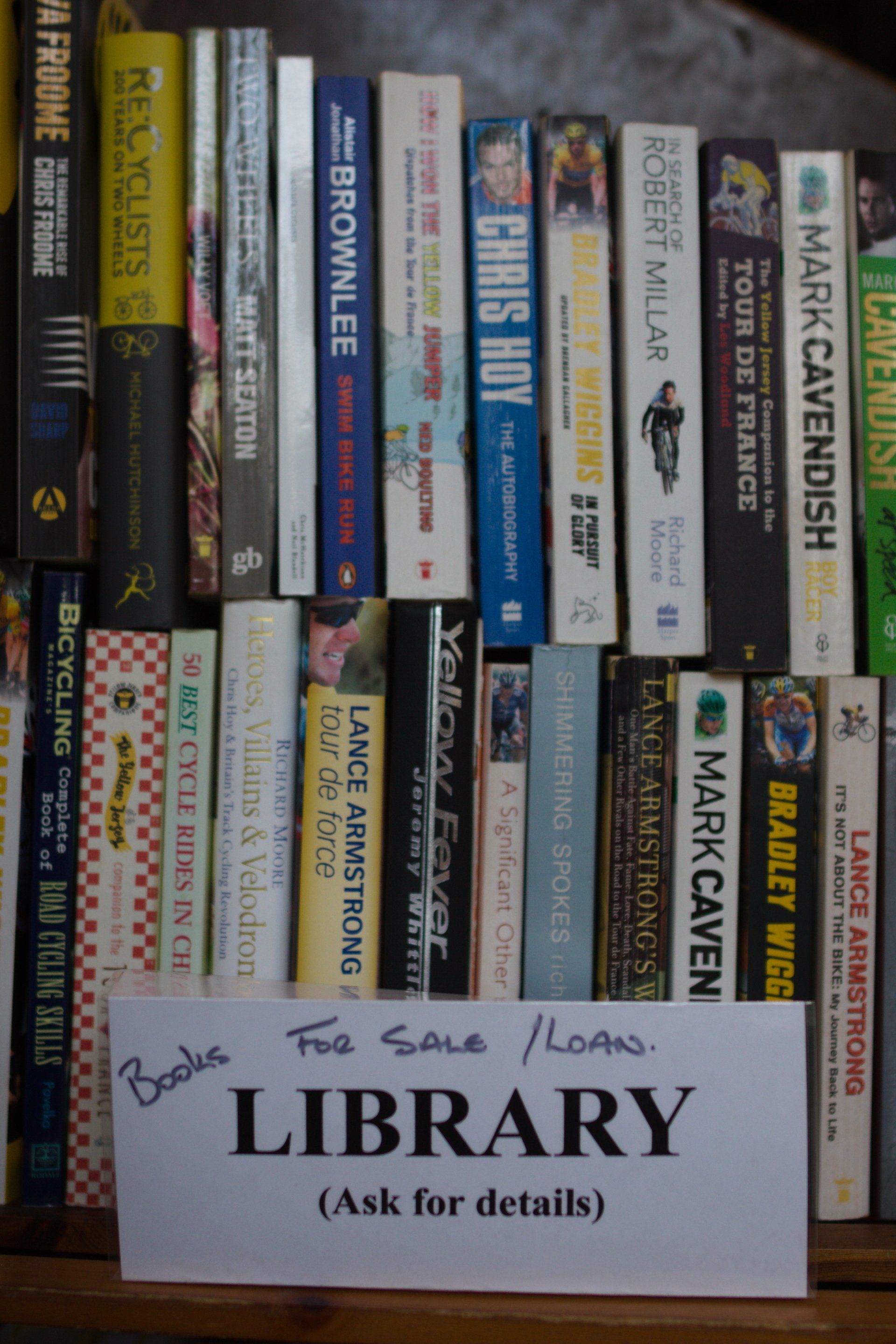 Books available to borrow at That Tiny Bike Shop