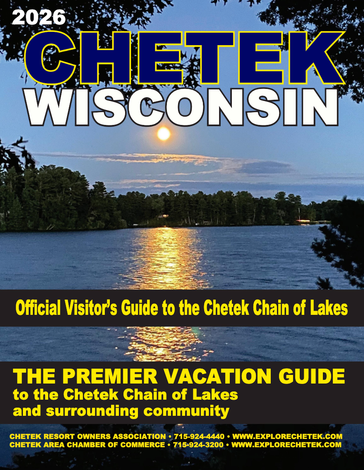 Brochure for Chetek, Wisconsin, featuring a lake sunset, with 
