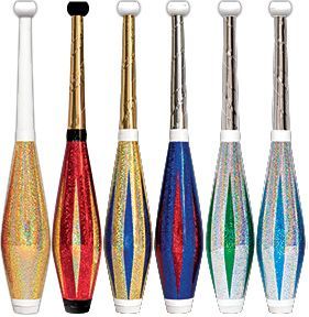 A group of juggling pins in different colors are lined up in a row on a white background.