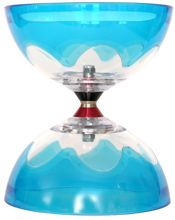 A blue and clear diabolo is sitting on a white surface.
