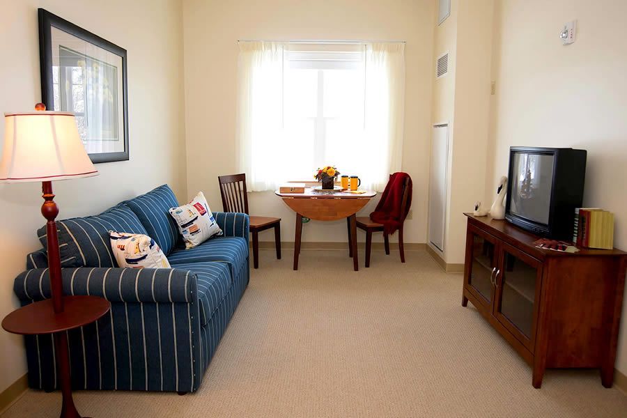 A living room with a blue couch and a television