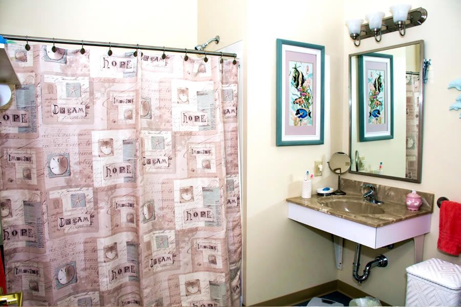 A bathroom with a shower curtain , sink , mirror and toilet.