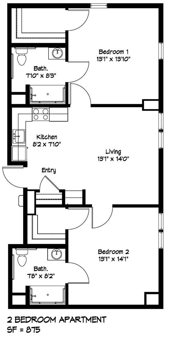 A black and white floor plan of a 2 bedroom apartment.