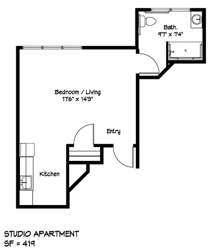 A black and white floor plan of a studio apartment.