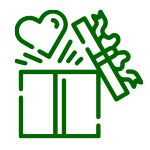 A green icon of a gift box with a heart and hearts coming out of it.