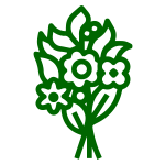 A green icon of a bouquet of flowers on a white background.