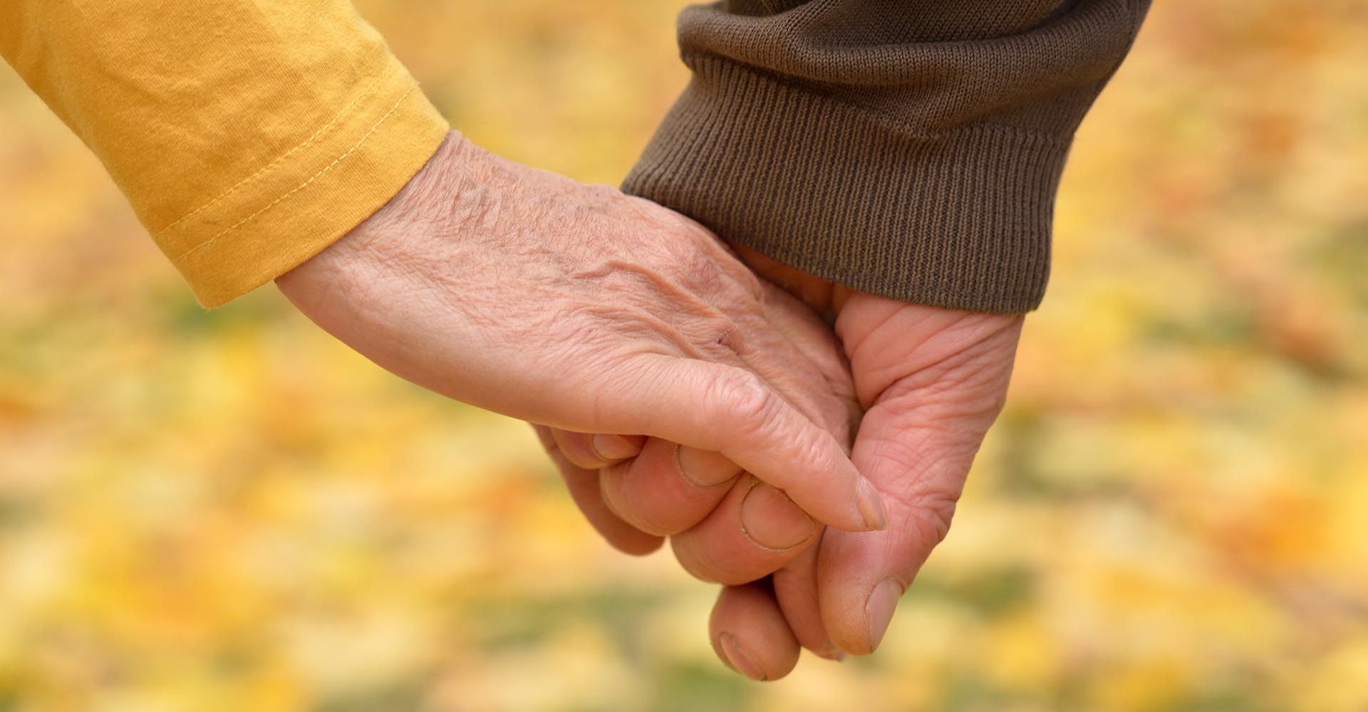 An elderly couple is holding hands in a park.