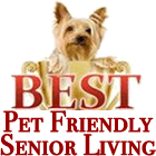 A dog is sitting in a basket with the words `` best pet friendly senior living ''.