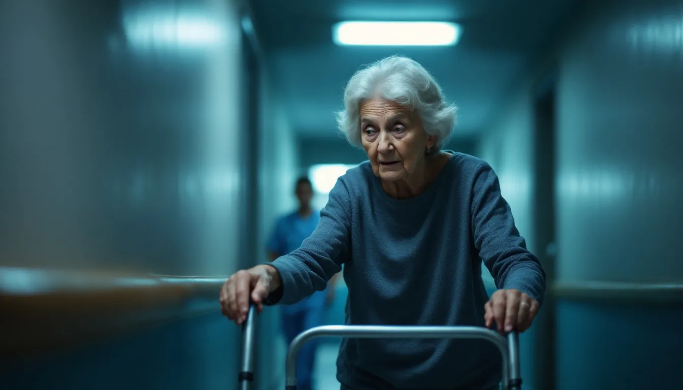 An elderly person experiencing balance disorders while walking.