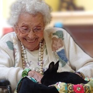 An elderly woman in a wheelchair is holding a black rabbit