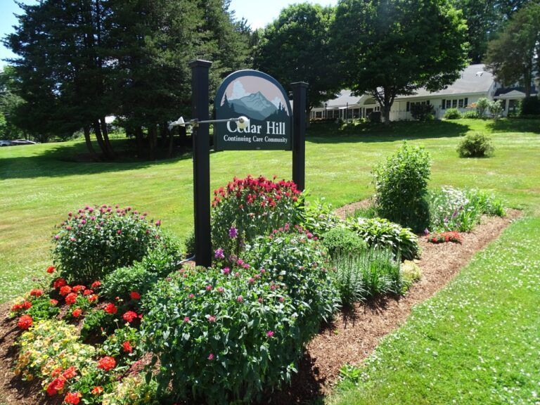 A sign for cedar hill is surrounded by flowers