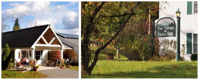 Two pictures of a house and a sign that says the village of cider hill