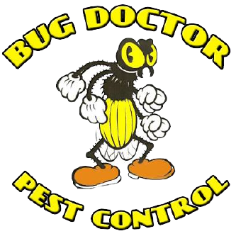 Bug Doctor Pest Control logo: cartoon fly with boxing gloves and shoes. Text in yellow arc.