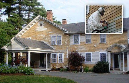 A picture of a house and a picture of a man painting it