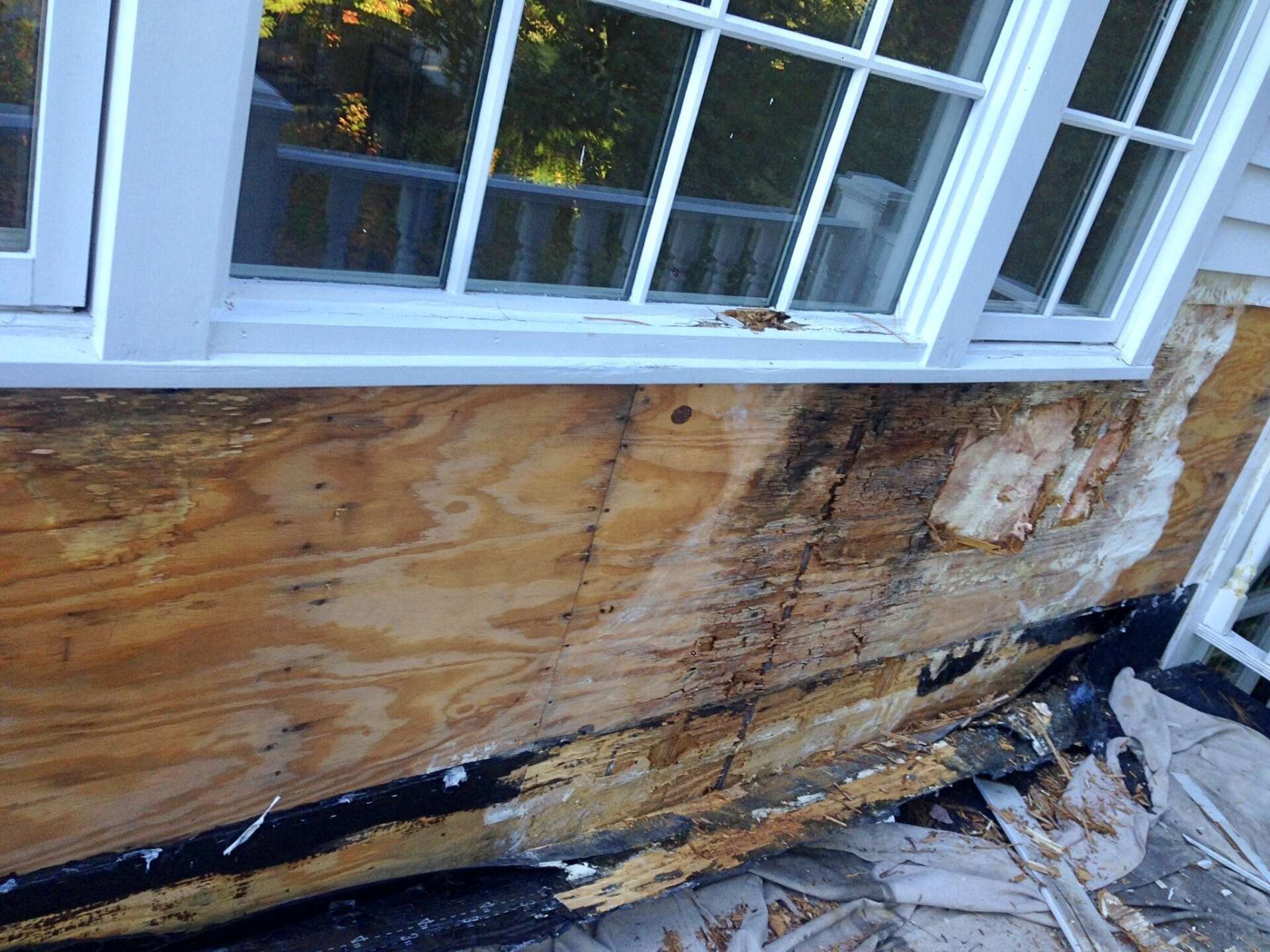 A white window is sitting on top of a wooden wall with water damage
