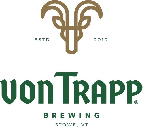 Logo for Von Trapp Brewing, featuring a goat head with large horns, over a green background and text.