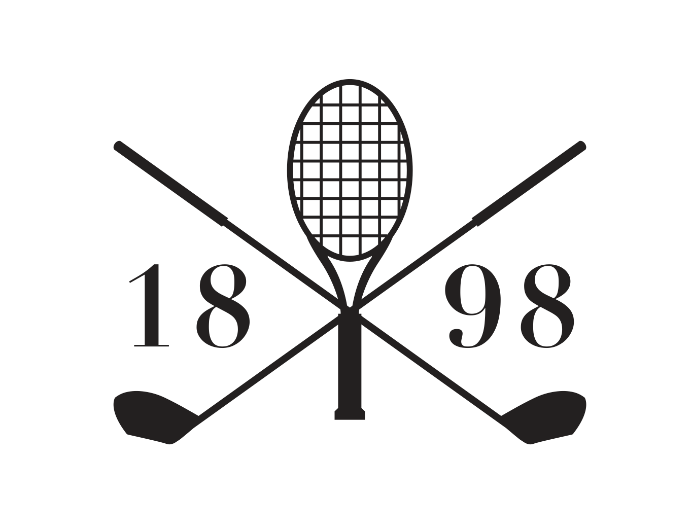 Green golf course with flag, trees, and view of lake and mountains.