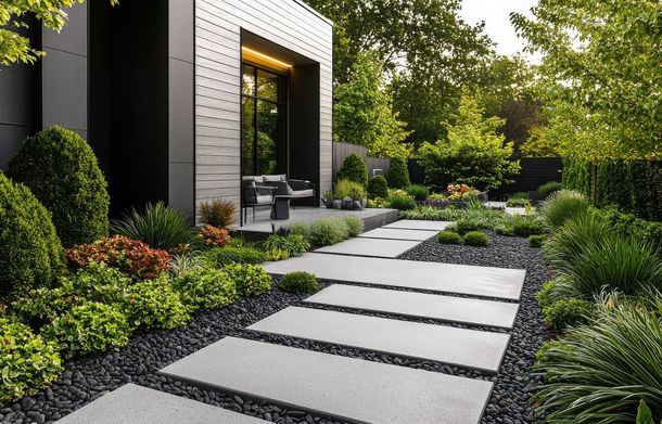 A modern house with a walkway leading to it surrounded by plants and rocks.