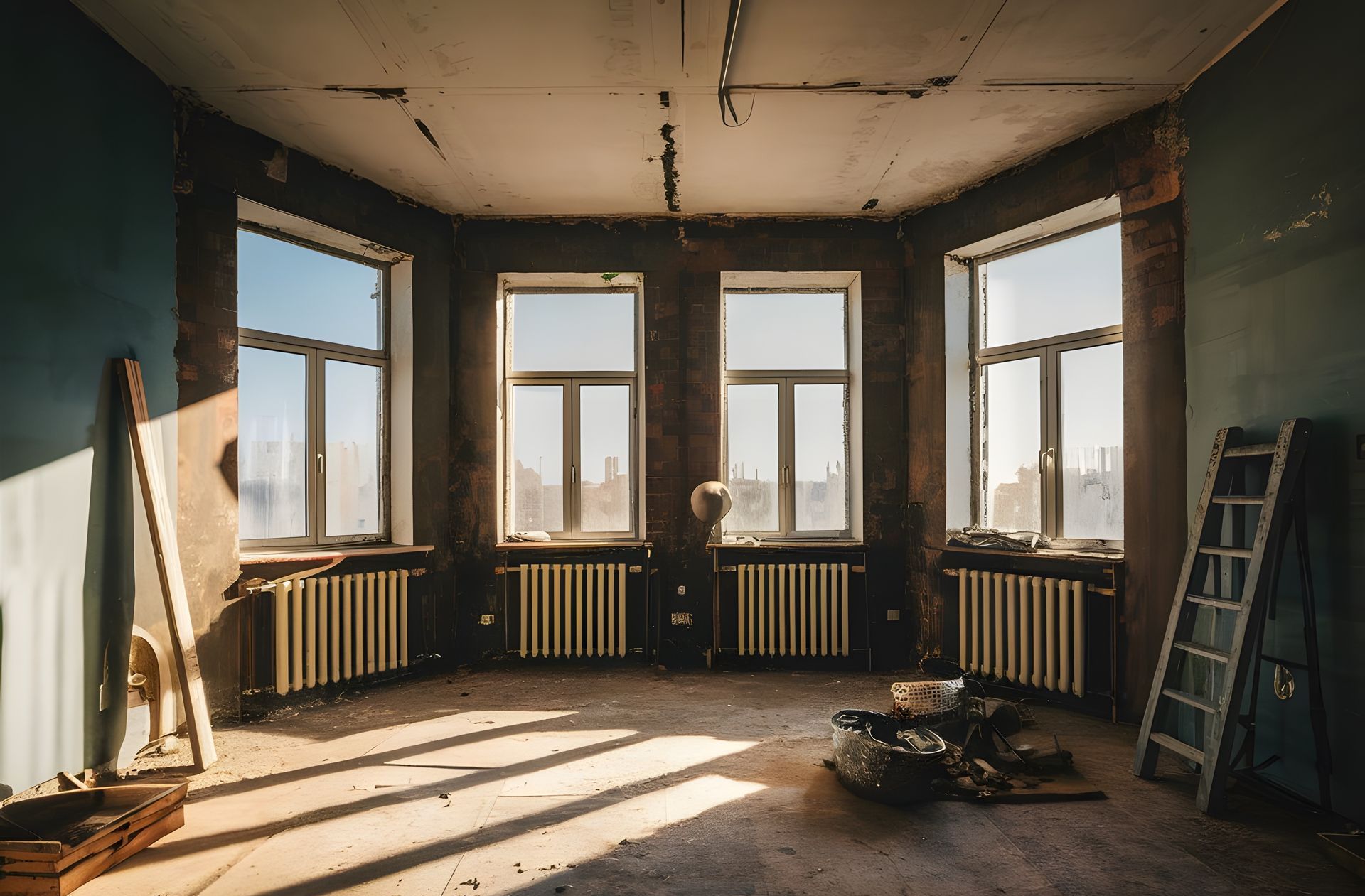 An empty room with a lot of windows and a ladder.