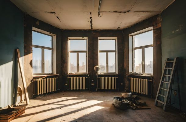 An empty room with a lot of windows and a ladder.