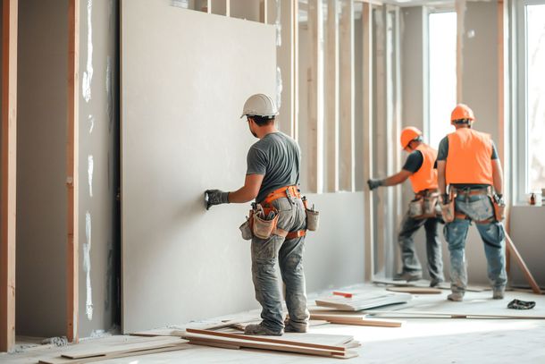 A group of construction workers are working on a wall.