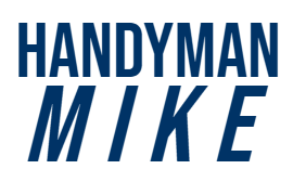 A blue and white logo for handyman mike