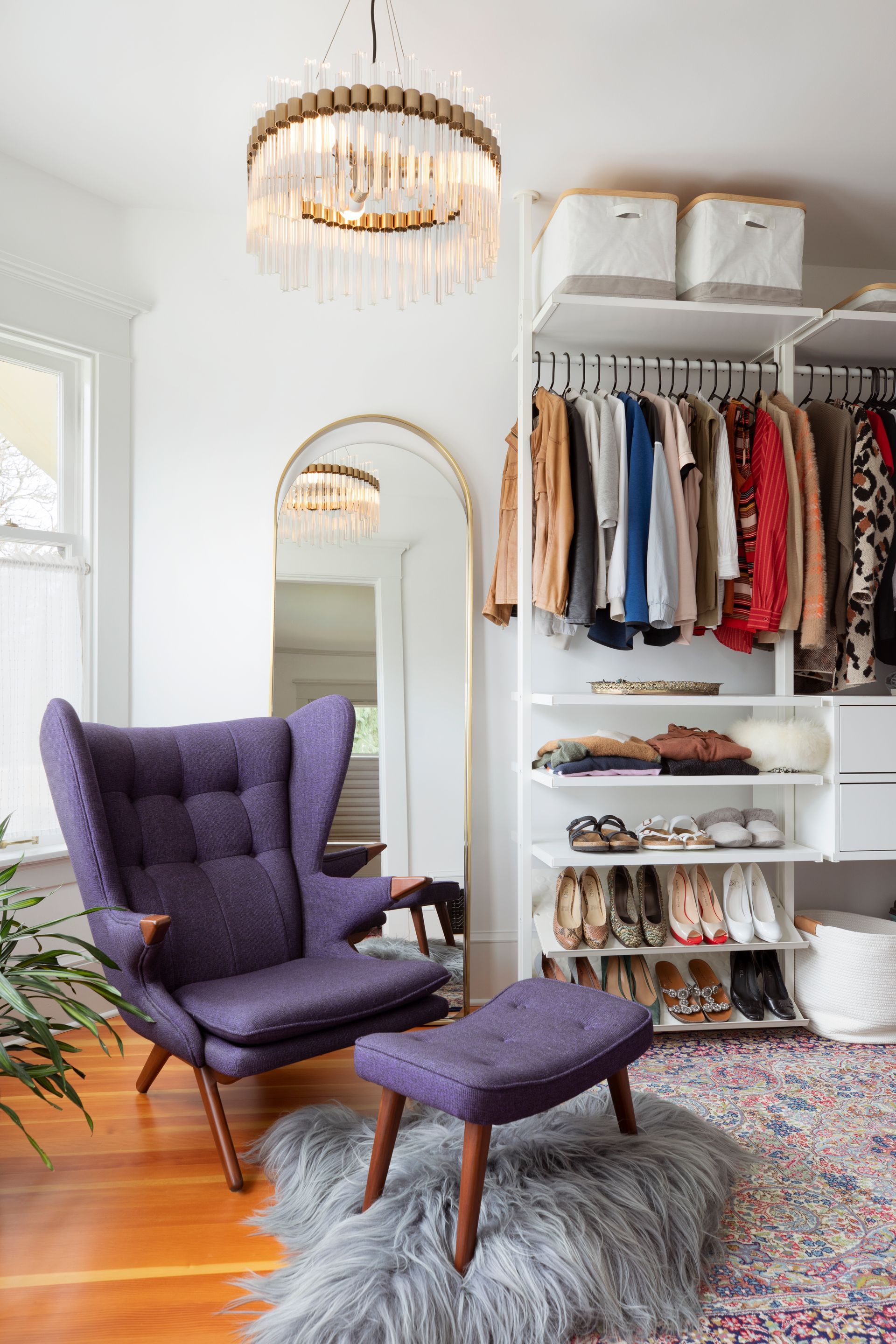 A fun walk-in closet doubles as a dressing room.