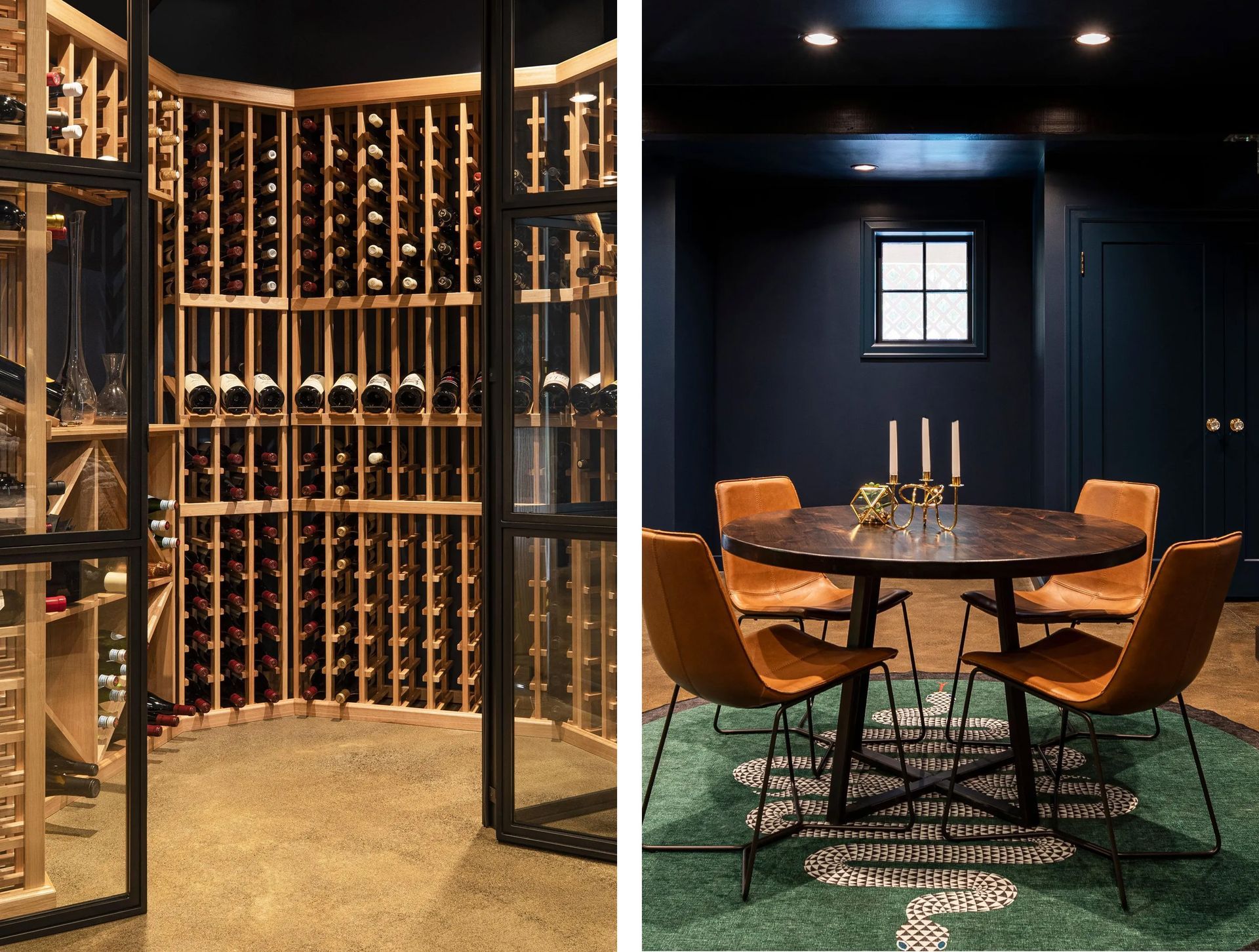 Enclosed with glass and metal doors, the climate controlled wine room is as practical as it is visually appealing.  A nearby table offers a spot for tastings with friends.