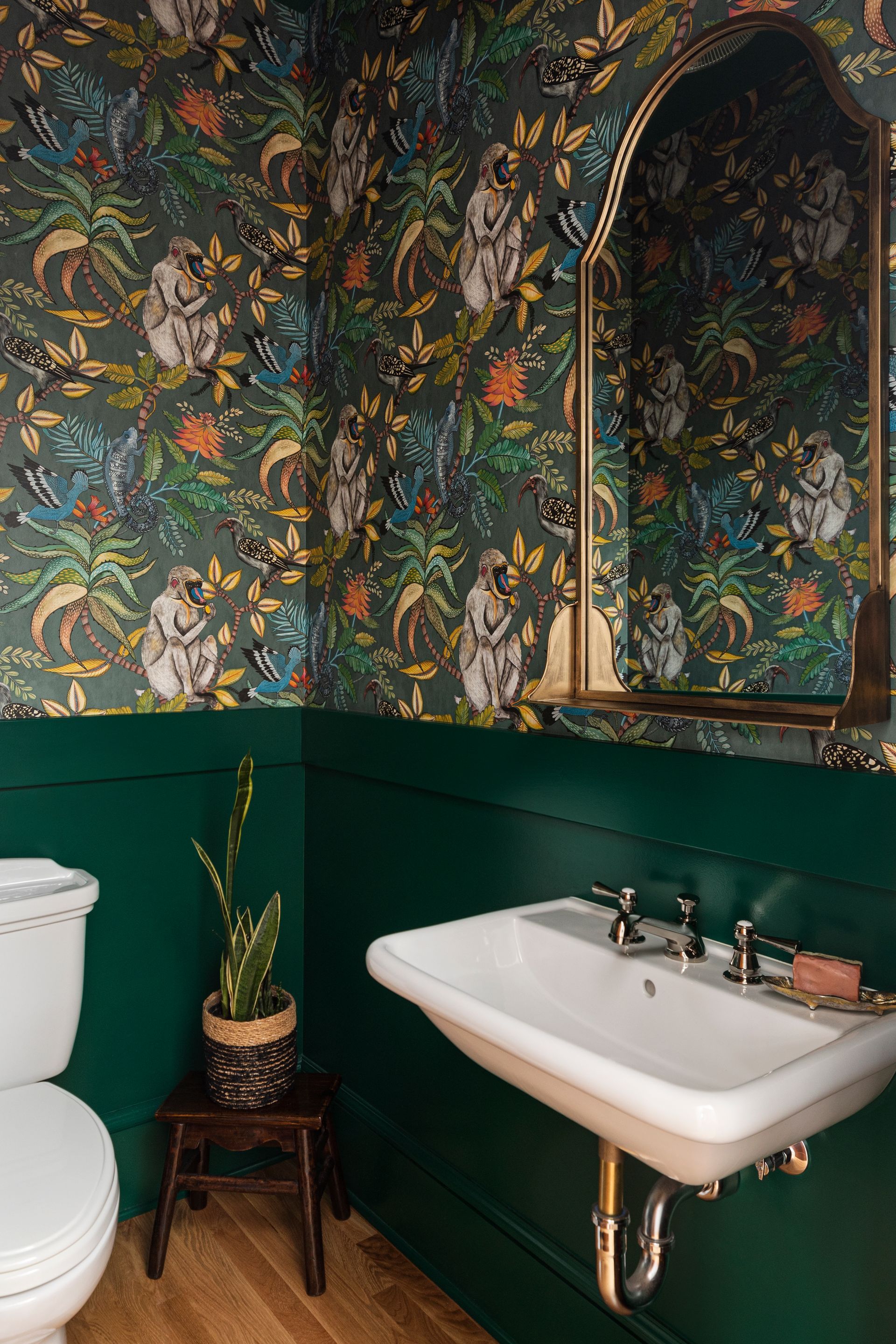 A water closet with a wall mounted sink, emerald-green wainscoting, and jungle themed wallpaper.